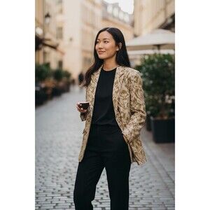 SOUVENIR Jacket Blazer Size S Long Sleeves Beige with Mustard Color Print Italy